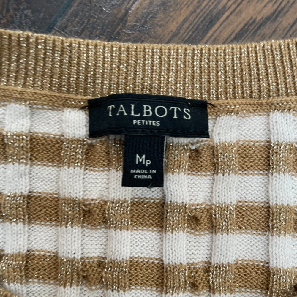 Talbots Sweater MP Medium Petite Metallic Gold Striped Crew Neck Cable Knit - Picture 12 of 13